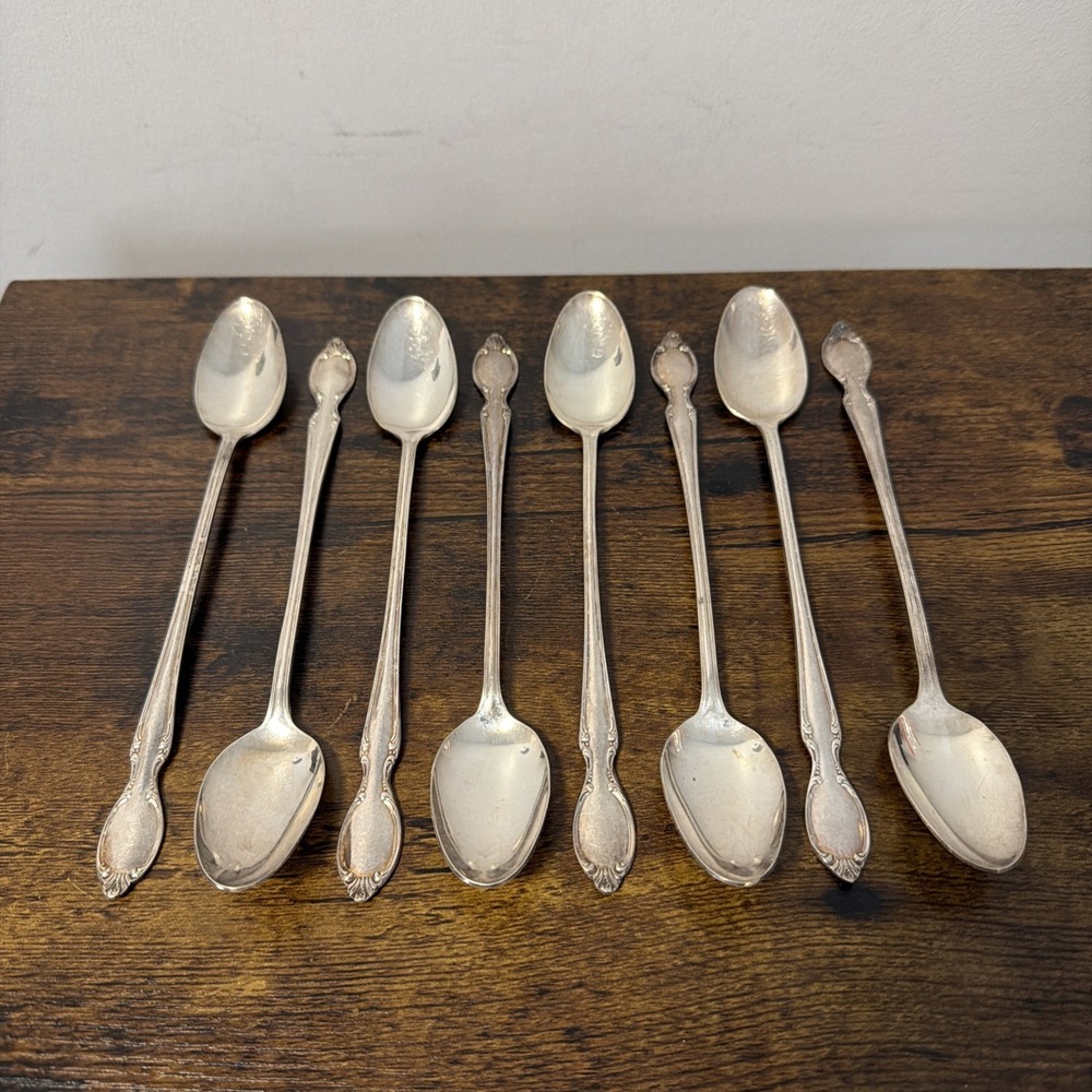VTG Lot 8x Iced Tea Spoons WM Rogers International Silver Precious Mirror 7 3/4"